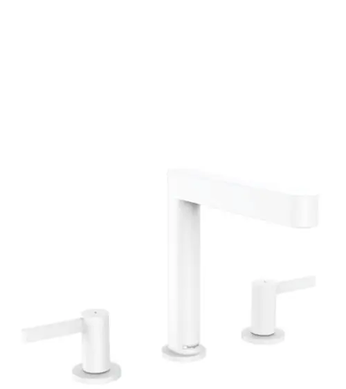 Weißer Waschtischarmatur mit zwei separat angebrachten Hebeln und einem hohen Auslauf. Design von Hansgrohe für eine 3-Loch-Installation mit Push-Open Ablaufgarnitur.